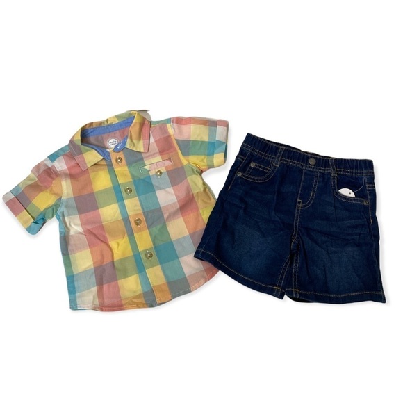 wonder nation Other - Wonder Nation Boy’s Plaid Button Down & Stretch Denim Short Set 24M